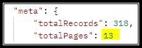 The screenshot displays an API response which shows that based on the API parameters, 318 records (energy plans) are returned which are distributed across 13 pages.