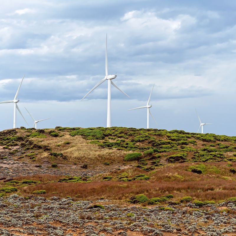 Wind turbines in the distance sitting on top of a hill